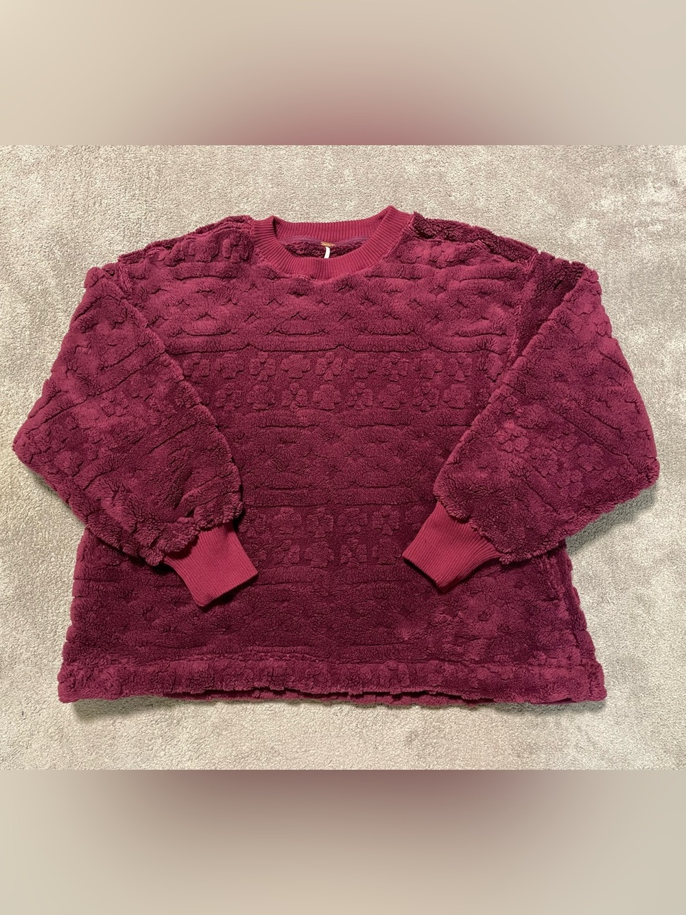 Free People Sherpa Fleece Sweater Womens M Red Burgundy Oversized Pockets